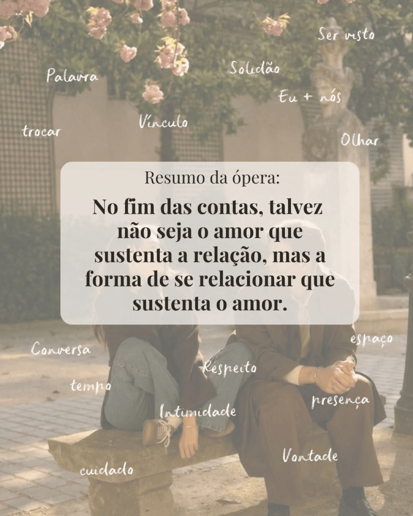 A couple sitting on a bench with flowers in the background, featuring text summarizing themes of love and relationships.